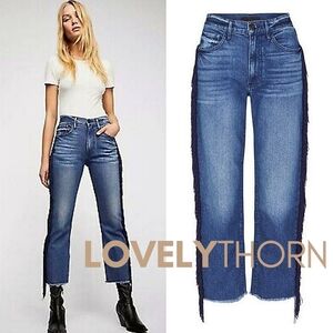 3x1 // higher ground hi waist crop raw hem fringe side seam stretch denim Jeans